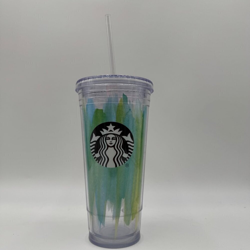 Starbucks Blue Green Paint Strokes Cold Cup Tumbler 24oz